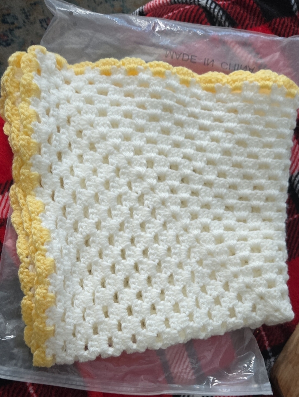 Handmade White Crochet Baby Blanket with Yellow Trim